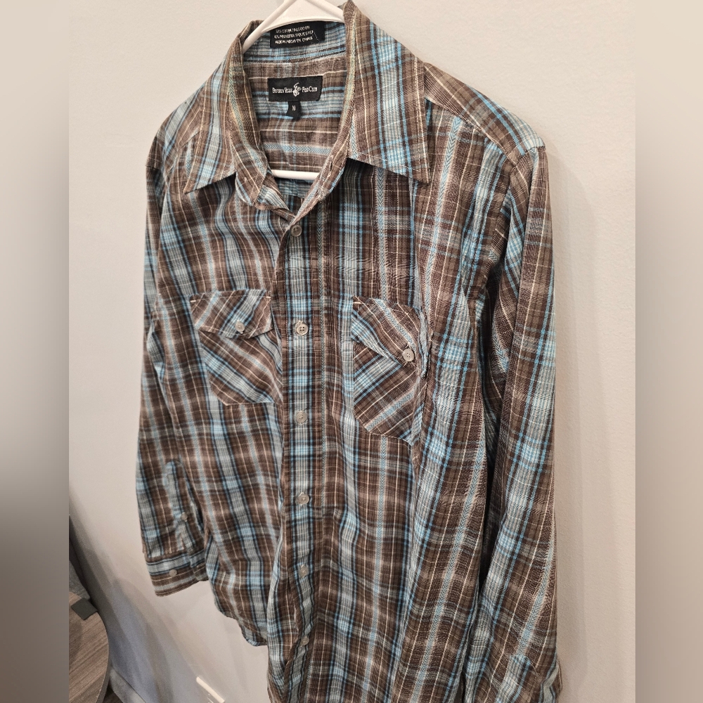 Beverly Hills Polo Club Brown and Light Blue Plaid Button-Down Shirt